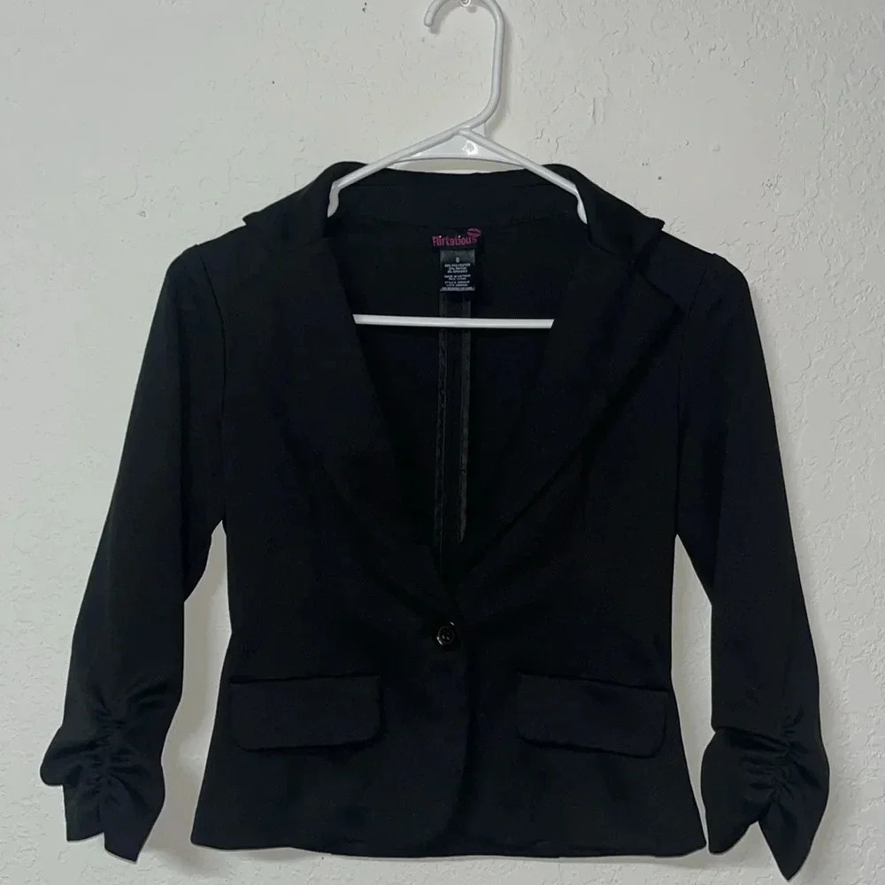 Small black notch blazer one button 3/4 ruched sleeves blazer jacket faux pocket